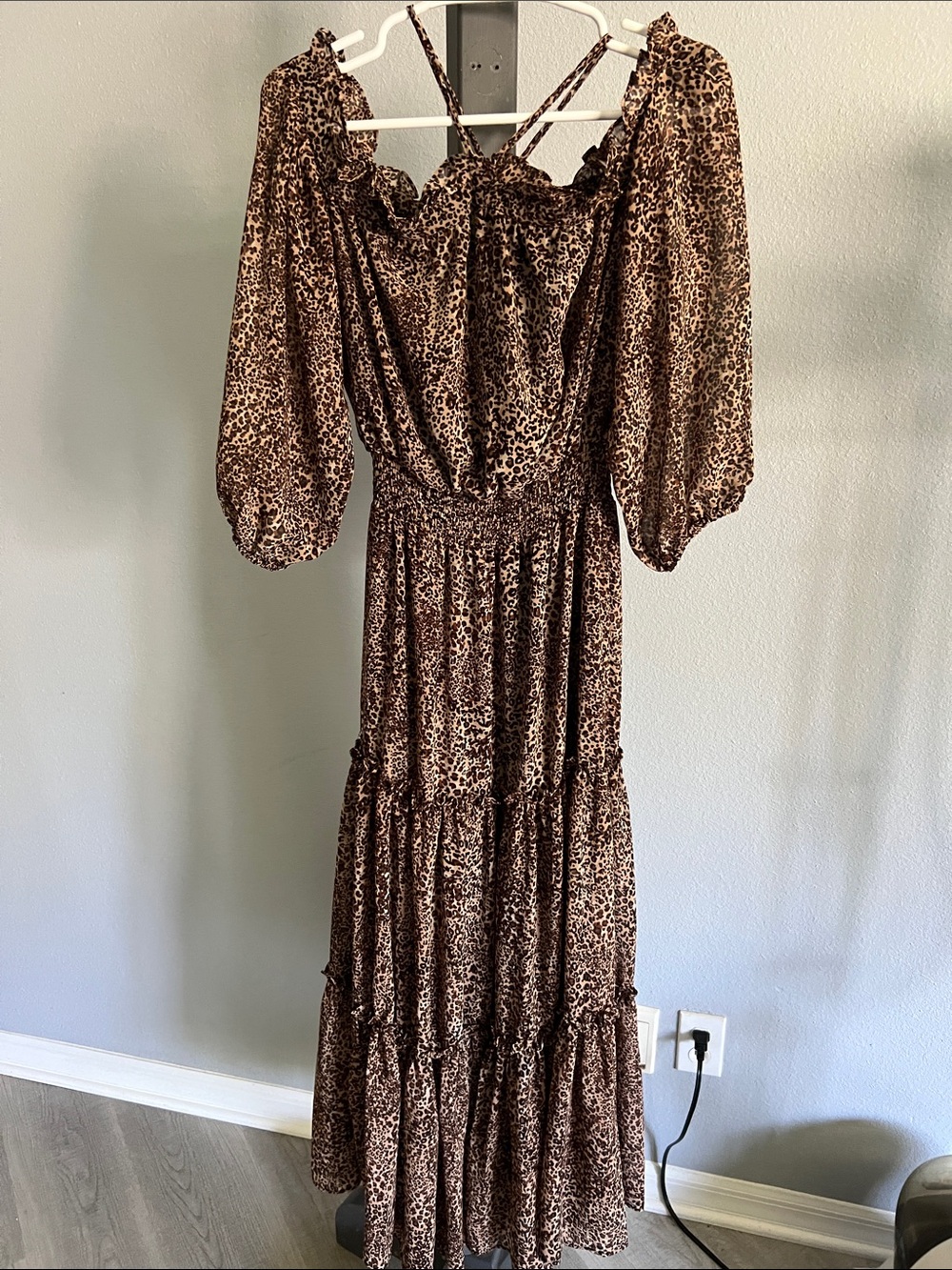 1. STATE Brown Leopard Print Maxi Dress with Puff Sleeves
